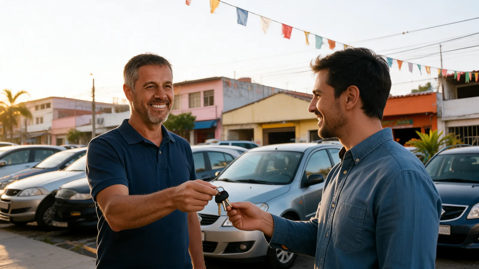 Vendedor entregando a chave de um carro a um cliente no pátio de uma revenda no interior de Minas